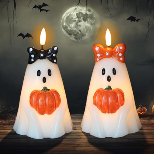 Halloween Ghost Flameless Candles with 6H Timer Hand-Painted Bows - B-2 Ghost Bows
