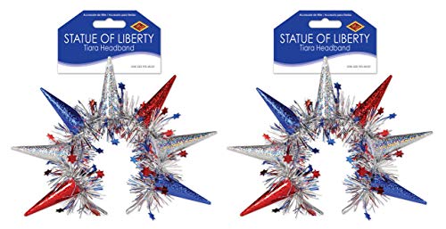 Patriotic Statue of Liberty Tiara Headbands 2 Pack - Red, Blue & Silver Holiday Costume Accessories