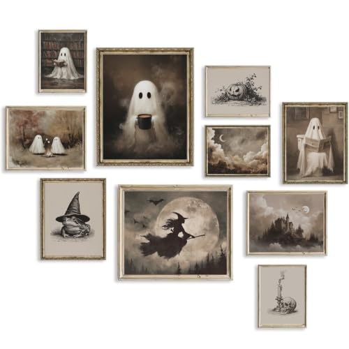 Ghost Halloween Wall Art Set - Cute Ghost Variation, Gothic Moody Decor, Unframed, 10 Pieces