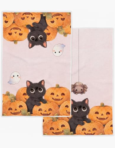 Halloween Waffle Kitchen Towels Set of 2 - Pumpkins & Cat, Orange, 18x26