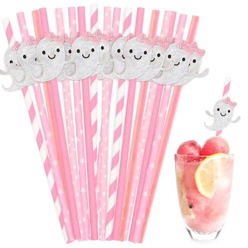 Pink Ghost Halloween Paper Straws - 40Pcs Glitter Ghost Party Drink Staws with Decorations
