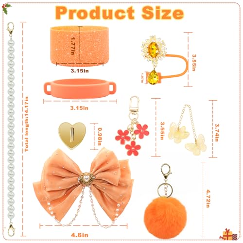 Orange Bling Stanley Cup Accessories Set for 20/30/40oz Tumblers - Glitter Bow Handle Strap & More