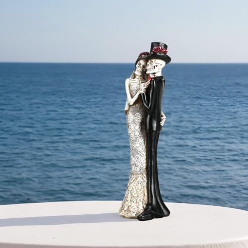Black and White Skull Wedding Sculpture - Gothic Skeleton Figurine, Hand-Painted Resin Romantic Decor, 13 Inches