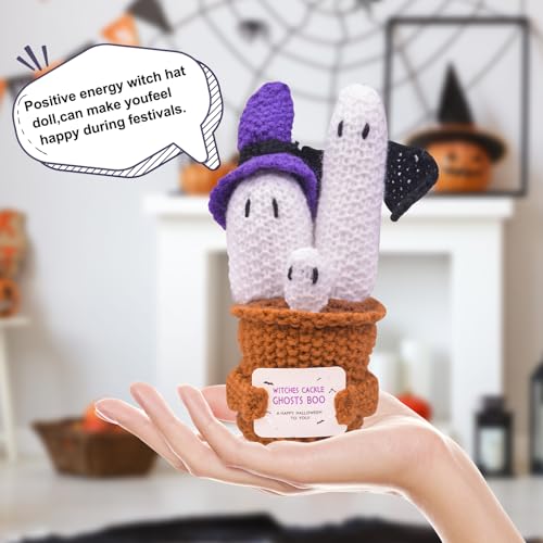 Halloween Positive Ghost Knitted Crochet Decoration with Witch Hat - A-Ghost Variation