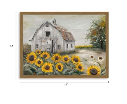Barn Sunflower Wall Art Canvas - Rustic Farmhouse Decor, 16x12 Inch, Ready to Hang