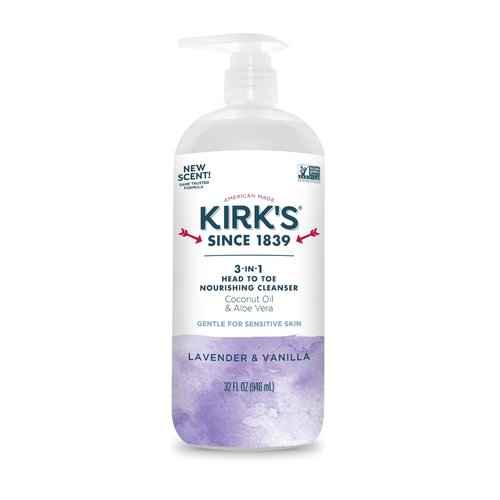Kirk's 3-in-1 Head to Toe Nourishing Liquid Cleanser- for Men, Women & Children - Premium Coconut Oil & Aloe Vera- Non GMO & Vegan - Lavender and Vanilla - 32 Fl Oz.
