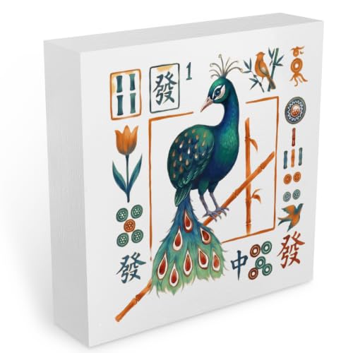 Wooden Bird Mahjong Desk Sign - White 1479, Rustic Table Decoration