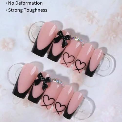 Medium Coffin Press-On Nails with Bow Charms - Black French Tip Fake Nails - Black Bow Variation - 24 Pcs