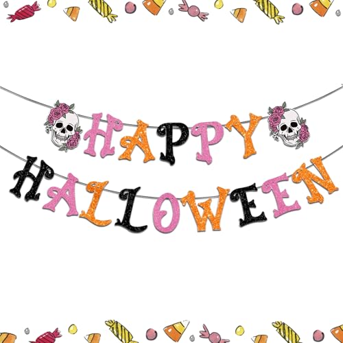 Halloween Skull Banner - No DIY Glitter Party Decorations for Indoor Fireplace Mantle