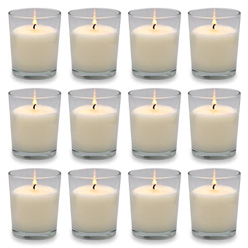 White Votive Candles Set with Clear Glass Holders - Unscented Soy Wax - 12 Pack