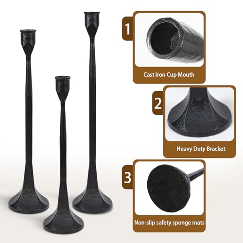 Black Cast Iron Taper Candle Holder Set of 3 Tall Variation