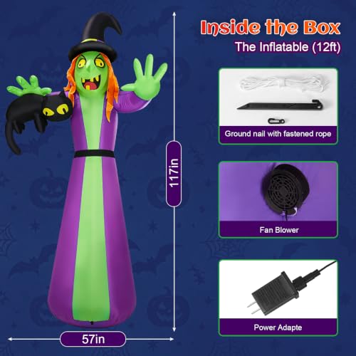 12 FT Giant Inflatable Witch with Black Cat & LED Lights - Outdoor Halloween Decor