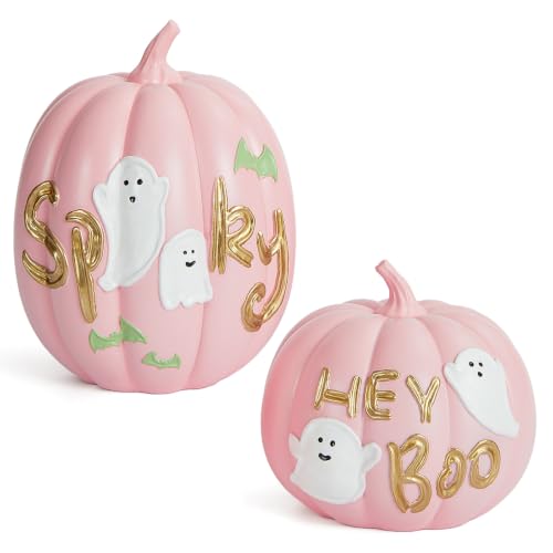 Pink Halloween Pumpkin Decor Set with Ghost and Bat - Fall & Spooky Table Centerpieces - WDS WONDROUS