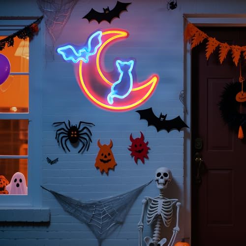 Halloween Neon Sign Wall Decor - Moon Bat Cat Theme, Adjustable Brightness - Style A