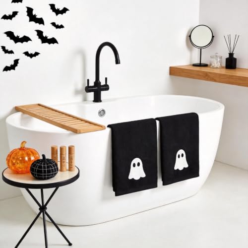 Halloween Hand Towels Set of 2 - Embroidered Ghost Bathroom Decor - Black Ghost Variation