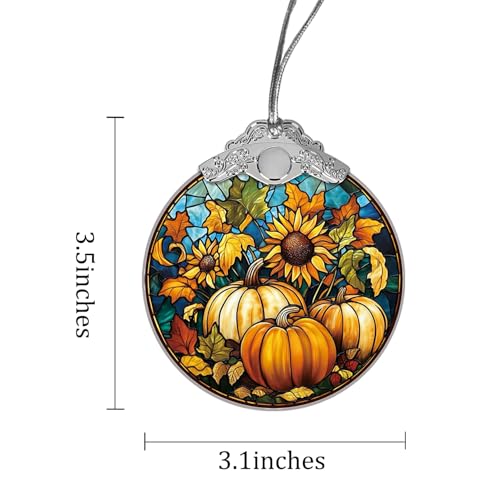 Pumpkin Sunflower Stained Glass Style Christmas Ornament - Fall Harvest Decoration - Indoor Outdoor Holiday Decor - 3.1 x 3.5 Inches