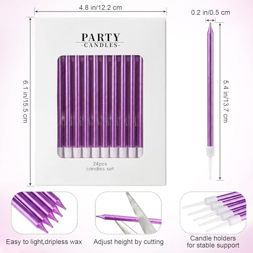 Purple Long Thin Birthday Candles - 24 Count Tall Cake Toppers with Metallic Luster - Party & Celebration Supplies