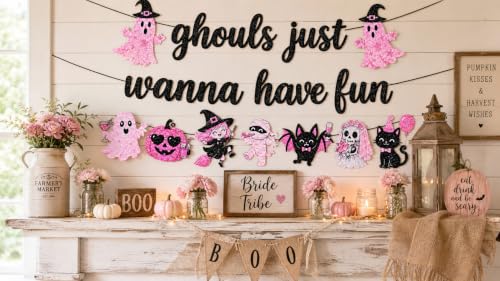 Ghouls Just Wanna Have Fun Halloween Banner - Pink & Black Spooky Party Decoration - Variation of Ghouls