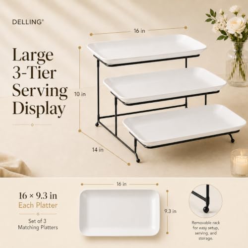 16 Inch 3-Tier Serving Tray Set with Collapsible Stand - Porcelain Platters for Entertaining, White