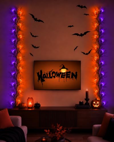 Halloween Vine Lights with Bat & Pumpkin - 9Ft, 66 LEDs, 8 Modes, Timer, Indoor Outdoor Decor
