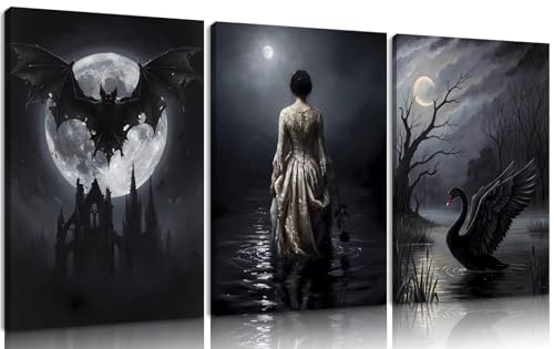 Gothic Wall Art Set of 3 - Victorian Dark Woman, Bat & Swan Prints, Unframed 24x16 inches - Moody Home Decor