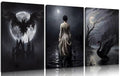 Gothic Wall Art Set of 3 - Victorian Dark Woman, Bat & Swan Prints, Unframed 24x16 inches - Moody Home Decor