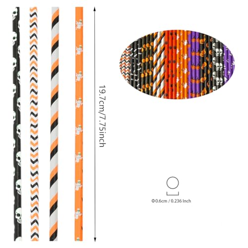 Halloween Paper Straws Set of 200 - Biodegradable Ghost, Skull, Pumpkin, Bat Styles