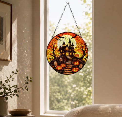 Haunted House Pumpkin Halloween Stained Glass Suncatcher - Color10
