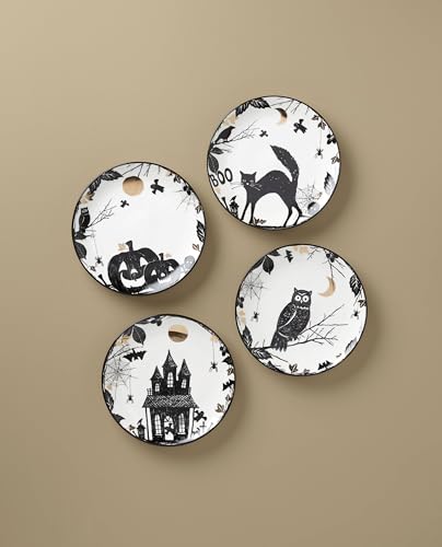 Halloween Accent Plates Set of 4 - Spooky 8-Inch Porcelain Appetizer Plates - Haunted Halloween Decor