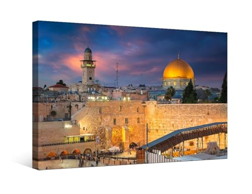 Jerusalem Wall Art Canvas - Dome of the Rock & Western Wall Sunset Scene, 16x24 Inch, Ready to Hang