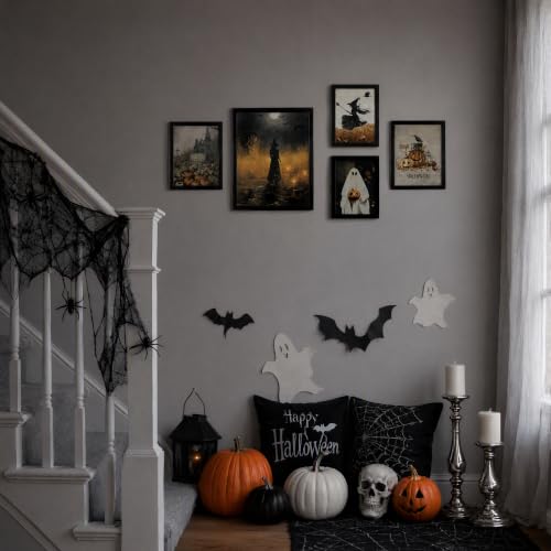 Halloween Wall Art Decor Set - Framed 5 Pack with Black Frames & Custom Sizes (Black / Halloween)