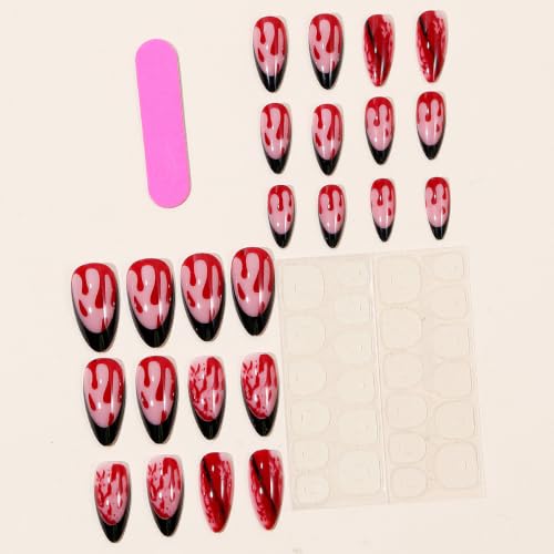 Halloween Vampire Press On Nails Medium Almond Black French Tip with Blood Drip - Style-28