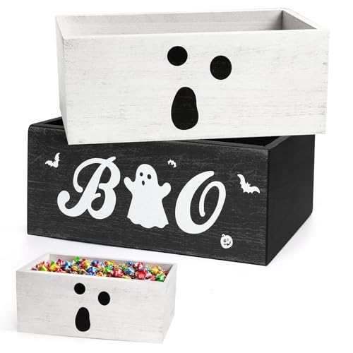 Halloween Candy Bowl Set with Boo Ghost Rustic Wooden Serving Dishes - Black & White, 2 Pieces