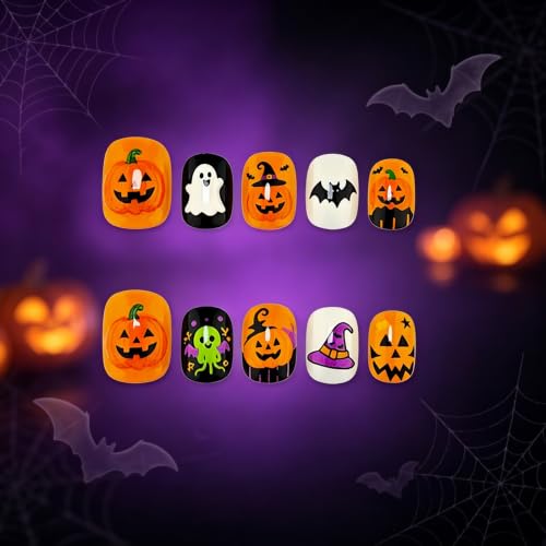 Halloween Press On Nails - Cute Short Oval Glossy Fake Nails with Variation Halloween Nails-011