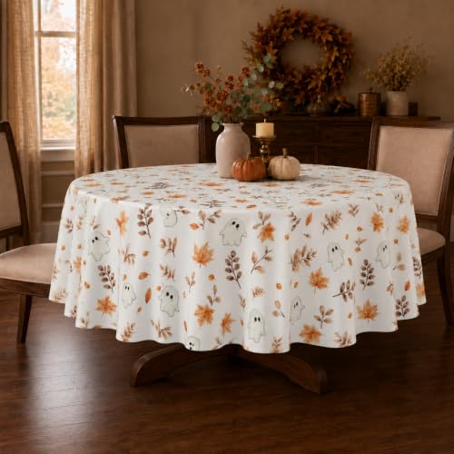 Fall Round Tablecloth 60 Inch Maple Leaves Ghost Autumn Table Cover Brown