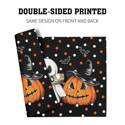 Halloween Placemats Set of 4 - Black Cat Pumpkin Ghost Bat Linen Table Mats - Heat-Resistant & Washable