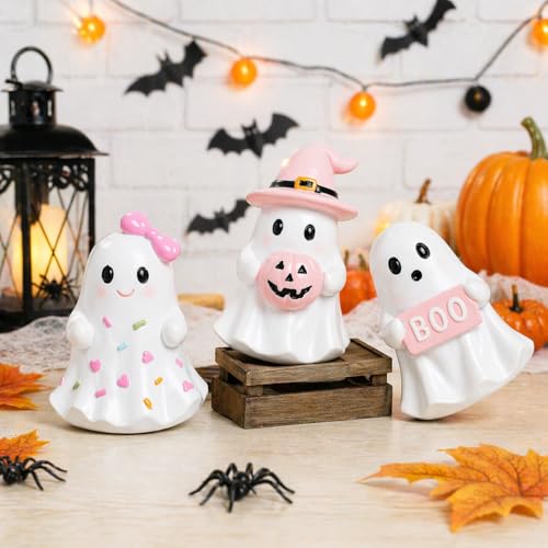 Pink Halloween Ghost Figurines Set of 3 Indoor Table Decor - Spooky Cute Home Accents