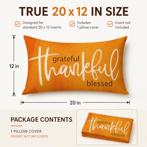 Thanksgiving Thankful Rectangle Lumbar Throw Pillow Cover - Orange, 12x20, Farmhouse Decor