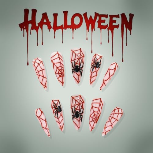 Halloween Long Stiletto Press On Nails with Spider Web Design - Pattern A18, Reusable Red & Black Fake Nails, 24Pcs
