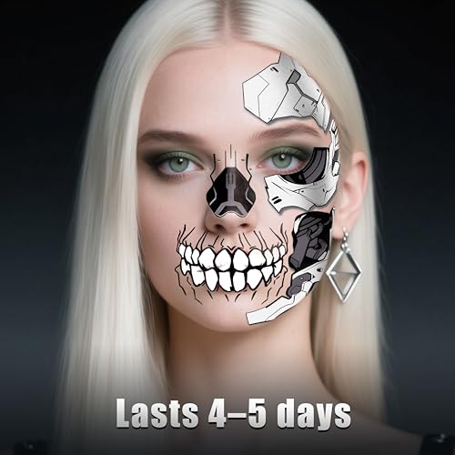 Mechanical Skeleton Face Tattoos - Waterproof Halloween Temporary Stickers for Party & Cosplay
