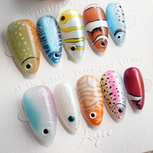 Almond Colorful Fish Press On Nails - Tropical Ocean Fish Design, Summer 30Pcs - Variation 7