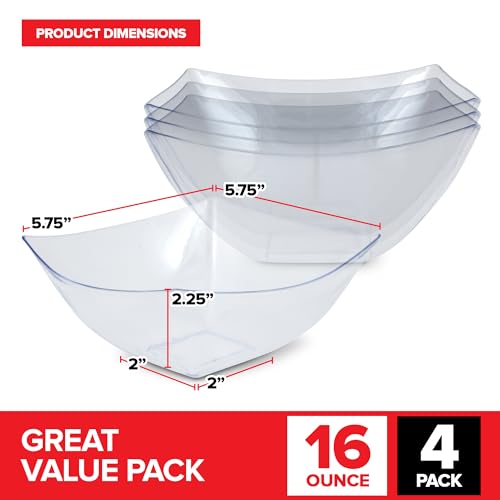 4 Pack 16oz Clear Plastic Square Serving Bowls - Disposable Snack & Salad Dishes