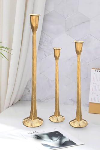 Set of 3 Wrought Iron Taper Candle Holders - Gold Rustic Decor for Wedding & Home