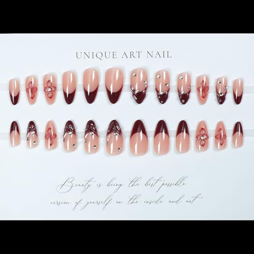 French Tip Press-On Nails Almond Medium with 3D Flowers - Style4
