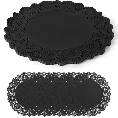 Black Kraft Paper Doilies 13.5 Inch Round Lace Placemats - 100 Pcs, Disposable, Rustic Table Decor