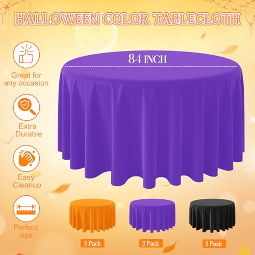 84 Inch Round Halloween Plastic Tablecloth Set - Purple Black Orange, 12 Pack - Witch Vampire Party Decorations
