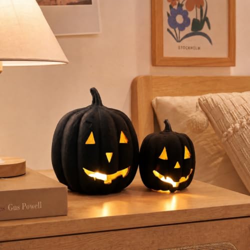 Halloween Paper Mache Jack O'Lantern Set - Black, 2 Indoor Pumpkins with LED Lights