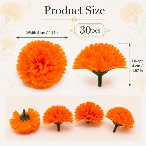 Artificial Marigold Flower Heads for Dia De Los Muertos Decorations - 30 pcs
