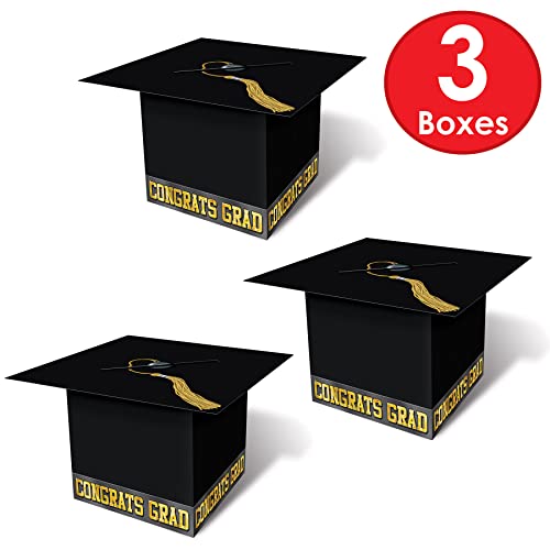 8.5 x 8.5 Inch Black Graduation Cap Gift Card Boxes Pack of 3 - Gold 'Congrats Grad' Design