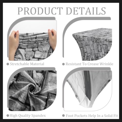 2 Pack 6ft Rectangular Spandex Tablecloth with Grey Stone Wall Pattern - Fitted for 72x30 Inch Tables